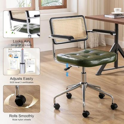 Zesthouse Modern Home Office Chair Leather Desk Chair with Rattan Back, Vanity Chair for Girls Women, Upholstered Tufted Swivel Armchair for Bedroom, Height Adjustable Computer Task Chair