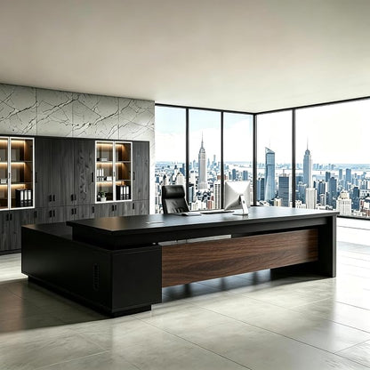 L Shaped Executive Desk with Drawers, Modern Large Wood Home Office Desk, Computer Desk with Storage for Boss Office Workstation