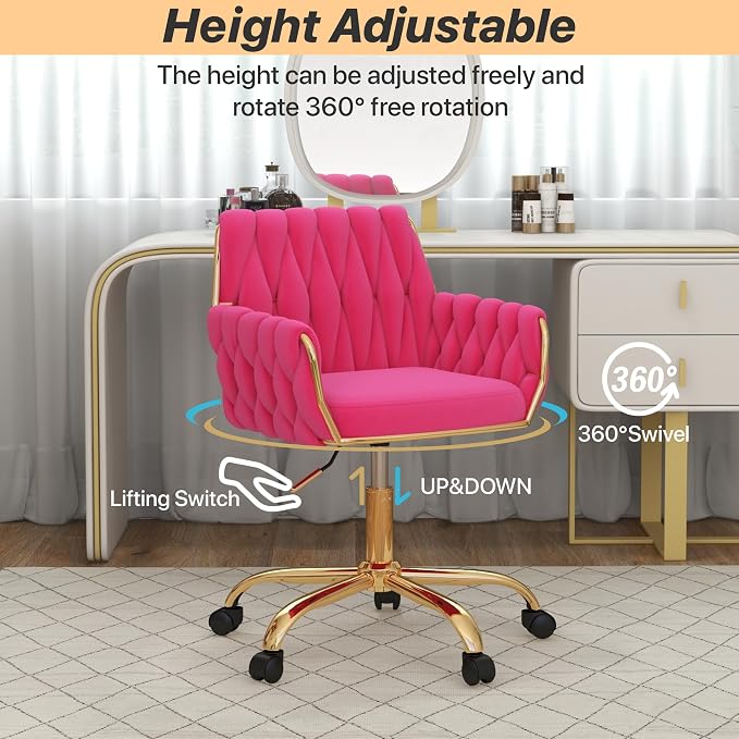 Velvet Home Office Chair, Modern Height-Adjustable Vanity Chair with Golden Base and Hand-Woven Backrest for Bedroom/Study/Vanity (Hot Pink)