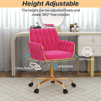 Velvet Home Office Chair, Modern Height-Adjustable Vanity Chair with Golden Base and Hand-Woven Backrest for Bedroom/Study/Vanity (Hot Pink)