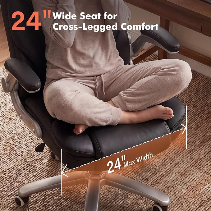 GYI Big and Tall 400lb Office Chair, Leather Executive Desk Chair, Black | 24"Wide Seat, High Back, Space-Saving Flip-up Arms, Lumbar Support, Heavy Duty Base, Home, Conference Room