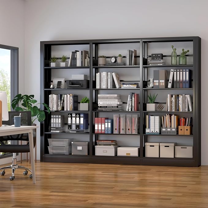 Heavy Duty Metal Book Shelf, 69" Tall Wide Bookshelf - Black, 3in1 Set | Metal, Adjustable Shelves, Industrial Bookshelves with 280lbs Shelf Capacity, Display Book Organizer for Living Room Library