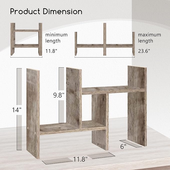 Jerry & Maggie Desktop Organizer Office Storage Rack Adjustable Wood Display Shelf Free Style Double H, Multi-Functional Mini Bookshelf for Desk Natural Stand (Gray Oak/2 Pack)