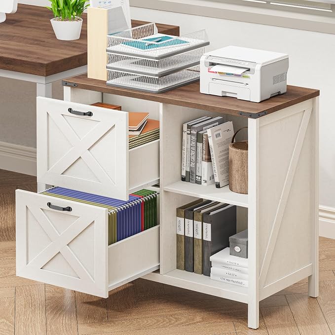 Halitaa 2 Drawer File Cabinet, Farmhouse Lateral Filing Cabinet Fits Files Letter or A4 Size, Wooden Printer Stand with Open Storage Adjustable Shelf for Home Office, Rustic White