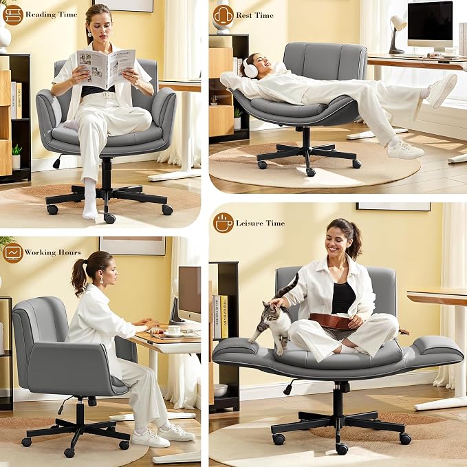 HeroSet Criss Cross Chair with Wheels & Armrests,Comfy Wide Vanity Chair,Scratch-Resistant Pu Leather Cross Legged Desk Chair,Height Adjustable Computer Office Desk Chairs for Home,Makeup,Bedroom