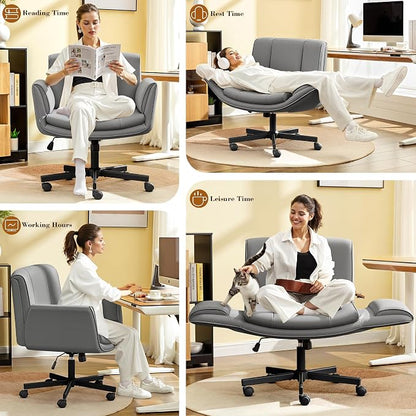 HeroSet Criss Cross Chair with Wheels & Armrests,Comfy Wide Vanity Chair,Scratch-Resistant Pu Leather Cross Legged Desk Chair,Height Adjustable Computer Office Desk Chairs for Home,Makeup,Bedroom