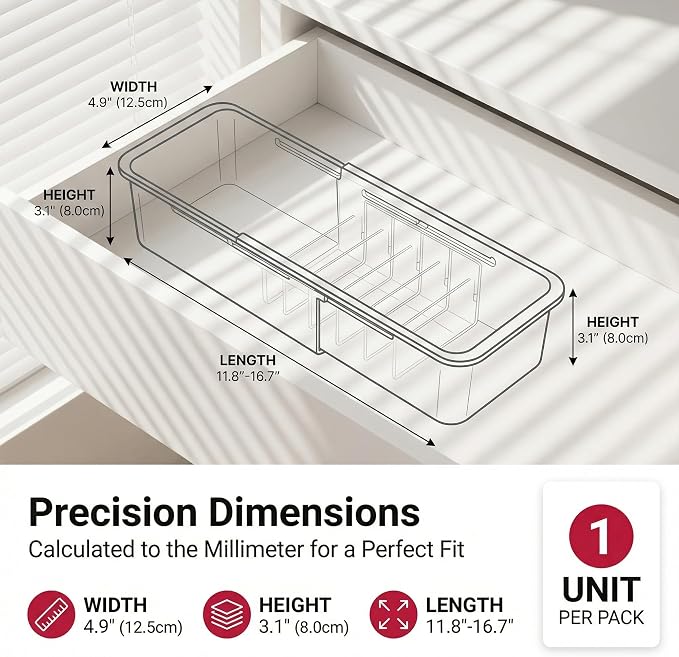 Li&Zhao Drawer Organizer- Adjustable Storage Bins with 5 Dividers, Gray Clear Drawer Organizer for Kitchen, Bedroom, and Office, Expandable clear organizer bins for Makeup, Utensils, and Gadgets