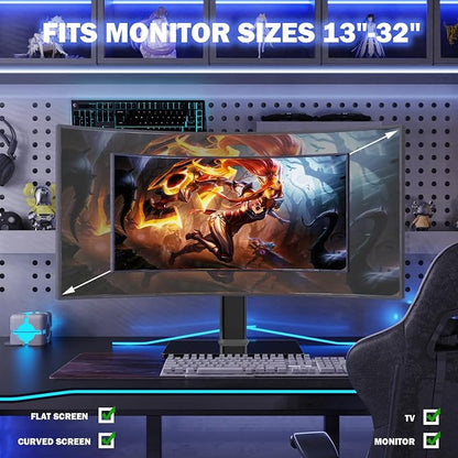 Single LCD Computer Monitor Free-Standing Desk Stand Mount Riser for 13 inch to 32 inch screen with Swivel, Height Adjustable, Rotation, Vesa Base Stand Holds One (1) Screen up to 77Lbs(HT05B-001))