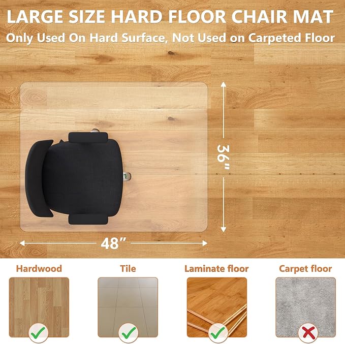 Office Chair Mat, 36" x 48" Vinyl Desk Chair Mat Clear Floor Protector Mat for Hardwood Floor/Rolling Chair Office & Home, Easy Glide and Flat Without Curling