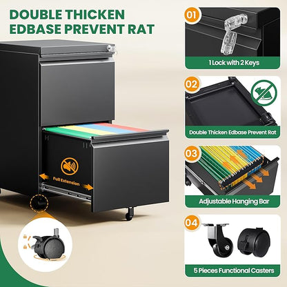 2 Drawer Locking Under Desk Metal Storage Cabinet on Wheels for Legal/Letter/A4 Files (Fully Assembled, Black)