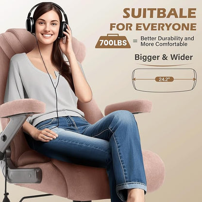 Fabric 700lbs Big and Tall Office Chair, Ergonomic Heavy Duty Executive Cloth Office Chair with 5D Flip Arms & Adjustable Lumbar Support & Dual Rubber Wheel, Large Thick Padded Extra Wide Seat, Pink
