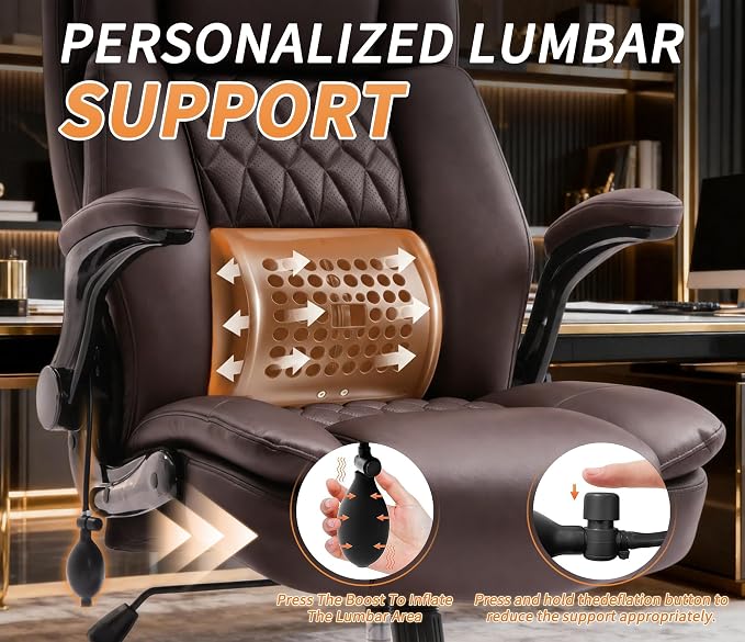 Large High Back Office Chair - Adjustable Lumbar Support Flip Up Arms Heavy Duty Quiet Wheels Metal Base Breathable Bonded Leather Ergonomic Executive Computer Desk Chair with Storage Bags, Brown