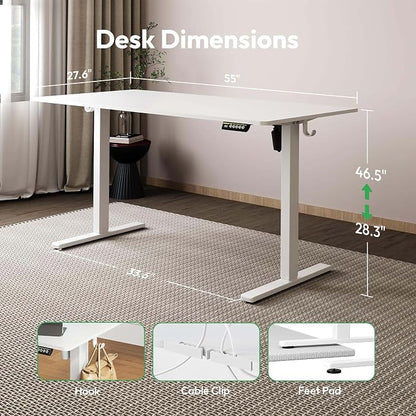 Large Electric Standing Desk,55x28 Inches Adjustable Height Stand up Desk, Sit Stand Home Office Desk, 3 Preset Heights,Equipped with Hooks,Ergonomic Computer Desk Workstation，White