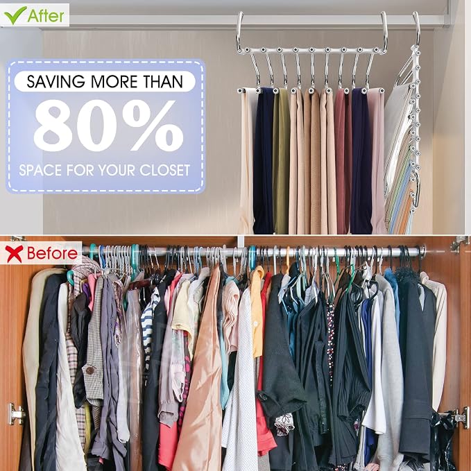 Upgrade 9 Layers Pants Hangers Space Saving, 2 Pack Multifunctional Pants Rack Non Slip Stainless Steel Clothes Space Saver Hangers Closet Organizers Storage for Pants Jeans Leggings, Creamy White
