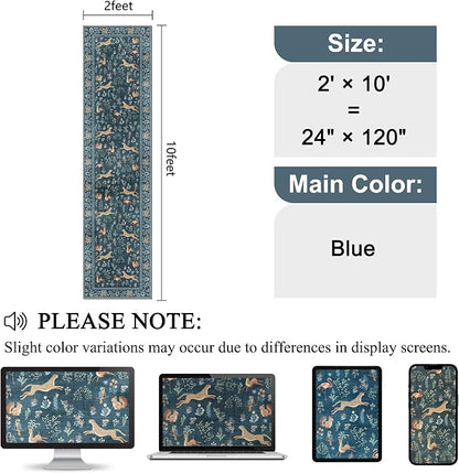 DUKINO 2x10 Rug for Hallway, Washable Kitchen Runner Rug with Non Slip Backing, Soft Low Pile Vintage Animal Runner for Bedroom, Kitchen, Hallway, Entryway, Laundry, Blue