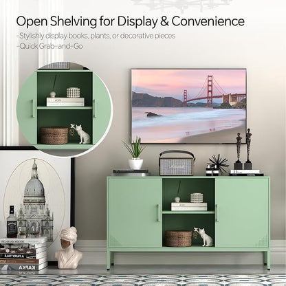 Steehoom Metal TV Stand for 65 Inch TV, Metal Storage Cabinet Sideboard Buffet Cabinet Coffee Bar 2 Door Locker Pantry for Office Home Kitchen (Green, 47.24" D x 13.78" W x 29.53" H)
