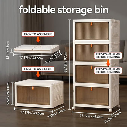 LDQ 136Qt Large Storage Bins with Lids, 4 Tier Stackable Storage Cabinet with Wheels & Clear Doors, Foldable Plastic Closet Organizer for Bedroom, Bathroom & Kitchen