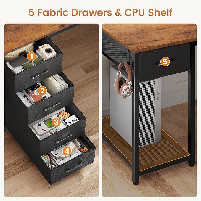 57" L Shaped Desk with 5 Drawers, Reversible Computer Corner Desk with Storage & Power Strip for Home Office, 78.7" Long 2 Person Desk, Rustic Brown