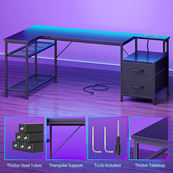 Korfile 57 Inch L Shaped Gaming Desk with Power Outlets and Type-C Port, Reversible Computer Office Desk with 2 Fabric Drawers & Mesh Shelves, Corner Desk for Study Work Writing Desk, Black