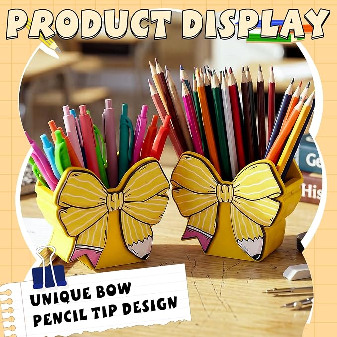 Marspark 2 Pcs Cute Bow Pencil Shaped Pen Holders for Desk Coquette Bow Back to School Dispenser Organizer End of Year Gifts for Women Makeup Brush Office Birthday Thank You Favor