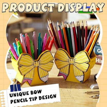 Marspark 2 Pcs Cute Bow Pencil Shaped Pen Holders for Desk Coquette Bow Back to School Dispenser Organizer End of Year Gifts for Women Makeup Brush Office Birthday Thank You Favor