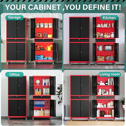 SISESOL Metal Storage Cabinet with Wheels and Drawer,Rolling Garage Storage Cabinet with Lock,Black Red Metal Cabinets with Wheel,73" Mobile Tall Tool Cabinets on Wheel for Home,Office,Garage,Shop