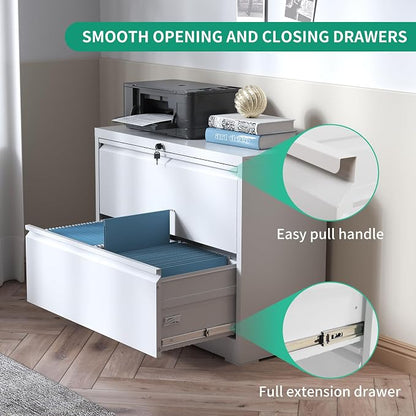 IKIMI 2 Drawer Lateral File Cabinets Office Metal Filing Cabinet Steel Storage Cabinet with Lock Wide Horizontal Filing Cabinets for Hanging Files Legal/Letter/A4 Size Assembly Required