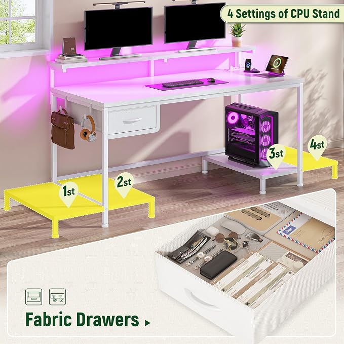 DurayLoly 39.3Inch Computer Desk with Power Outlet & Drawer,Gaming Desk with CPU Stand& LED Lights,Corner Office Desk with Ergonomic Monitor Stand for Home Work, Study and Gaming, Small Spaces,White