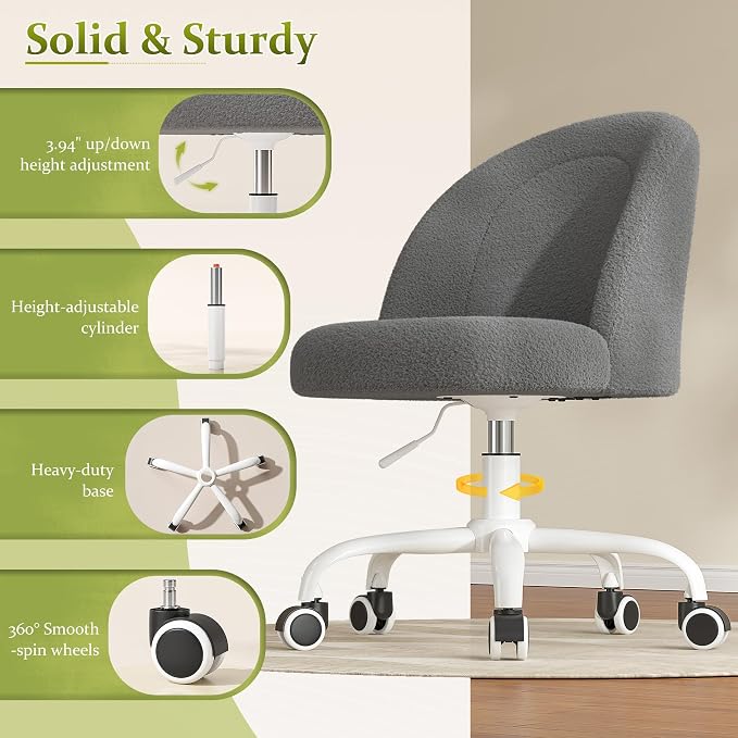DurayLoly Vanity Chair with Back, Cute Desk Chair with Wheels, Armless Chair with Height Adjustable & 360° Swivel, Soft Lumbar Support for Small Space, Bedroom, Grey
