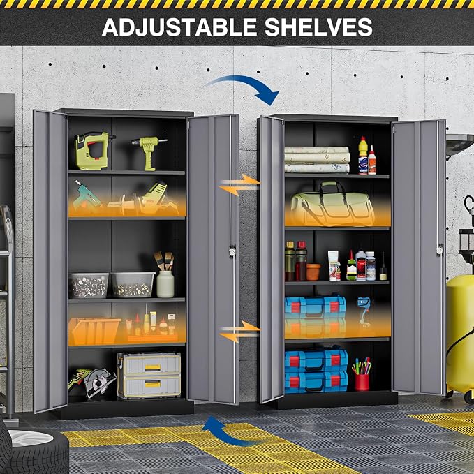 Fesbos Metal Storage Cabinet-72” Tall Steel File Cabinets with Lockable Doors and Adjustable Shelves-Black&Gray Steel Storage Cabinet for Kitchen, Office, Garage