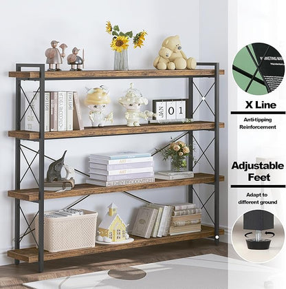 HCHQHS Large Bookshelf, 4-Tier Long Industrial Bookcase, Rustic Brown Book Shelf, Freestanding Horizontal Bookshelves with Metal Frame
