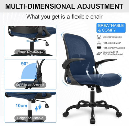 Primy Office Chair Ergonomic Desk Chair with Flip up Armrests Swivel Breathable Desk Mesh Computer Chair with Adjustable Lumbar Support and Height for Conference Room (Navy)