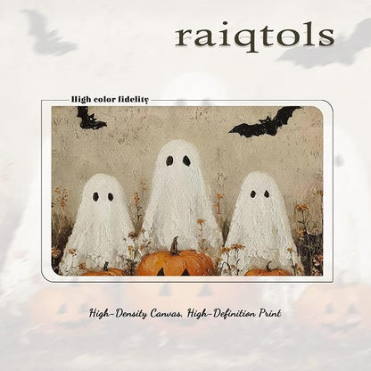 Framed Rustic Halloween Ghost Wall Art - Vintage Farmhouse Ghosts Pumpkins and Bats Canvas Print, Country Cottage Halloween Wall Decor for Living Room Bedroom, 12x16in Wood Frame