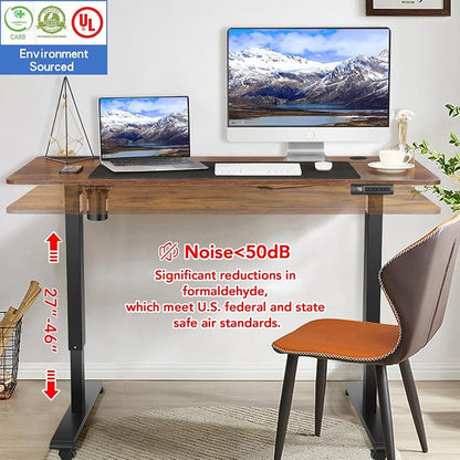 Electric Standing Desk with Wheels, 63'' x 24'' Standing Desk Adjustable Height with Charging Station, 2 USB Ports, 3 Power Outlets, 4 Caster, 27''-46'' Lifting Range Stand up Desk(Brown)