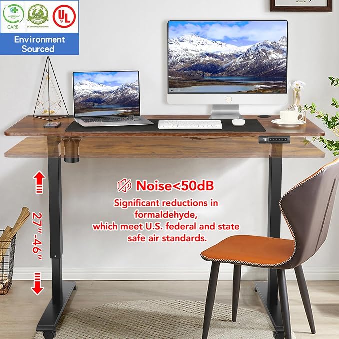 Electric Adjustable Standing Desk with Wheels, 63'' x 24''Sit Stand Desk with Dual Crossbeam Structure and Mouse Pad, 27''-46'' Lifting Range Stand up Desk(Brown)