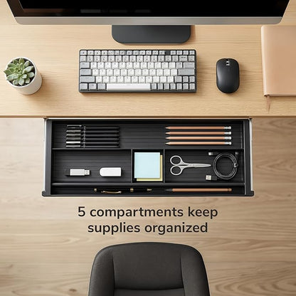 Mount-It! Under Desk Pencil Drawer | 21.25” W, Ball Bearing Slide-Out Organizer for Office Supplies, Paper & Pencils | Fits Desks Over 1” Thick, Adjustable Extension 16.25”–28”