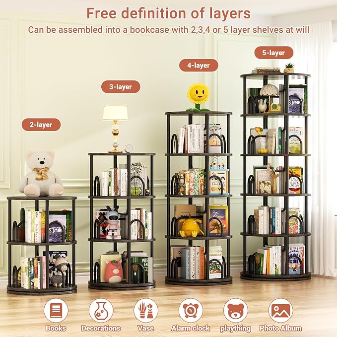 Aheaplus 5 Tier Rotating Bookshelf Tower, 360 Display Spinning Bookcase, Revolving Round Book Shelf Narrow Swivel Bookshelf, Vertical Turning Corner Book Organizer for Small Space, Black Oak