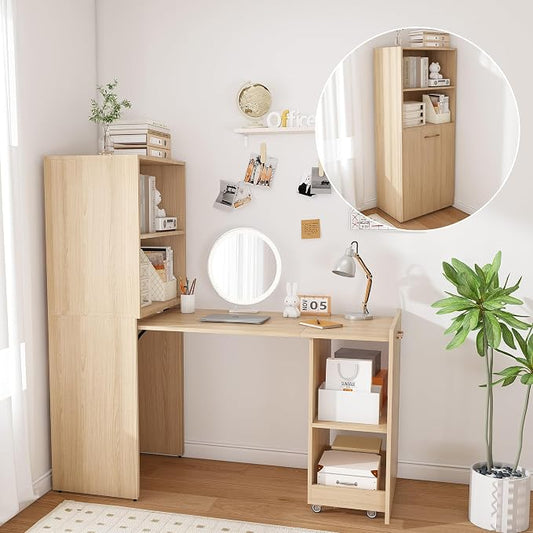 LUMISOL Multi-Function Folding Out Desk with Storage Shelves for Home & Office, Hidden Desks with Mobile Wheels, Pull Out Home Office Desk for Small Spaces, Natural Wood