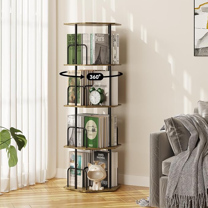 SUNMORY 4 Tier Rotating Bookshelf Tower, Revolving 360 ° Spinning Bookcase, Hexagonal Corner Book Shelf Storage Carousel, Vertical Rotate Turning Organizer Book Shelves for Living Room Office Bedroom