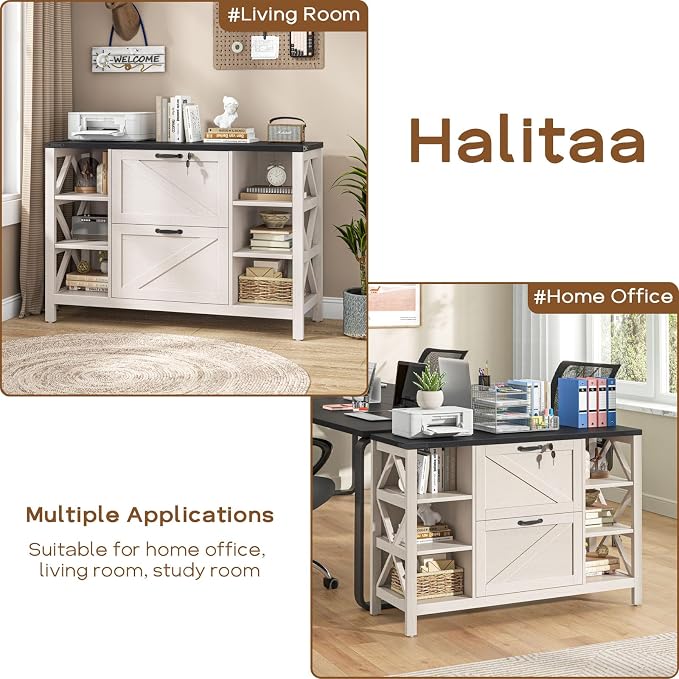Halitaa 44" Lateral File Cabinet with Adjustable Shelves, Farmhouse 2 Drawer Filing Cabinet with Lock for Legal/A4/Letter, Wooden Printer Stand Office Furniture for Home Office, White and Black