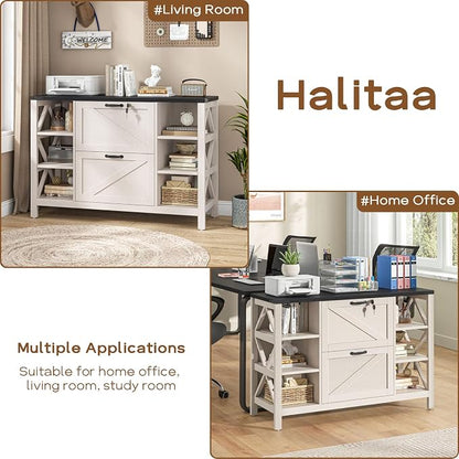 Halitaa 44" Lateral File Cabinet with Adjustable Shelves, Farmhouse 2 Drawer Filing Cabinet with Lock for Legal/A4/Letter, Wooden Printer Stand Office Furniture for Home Office, White and Black