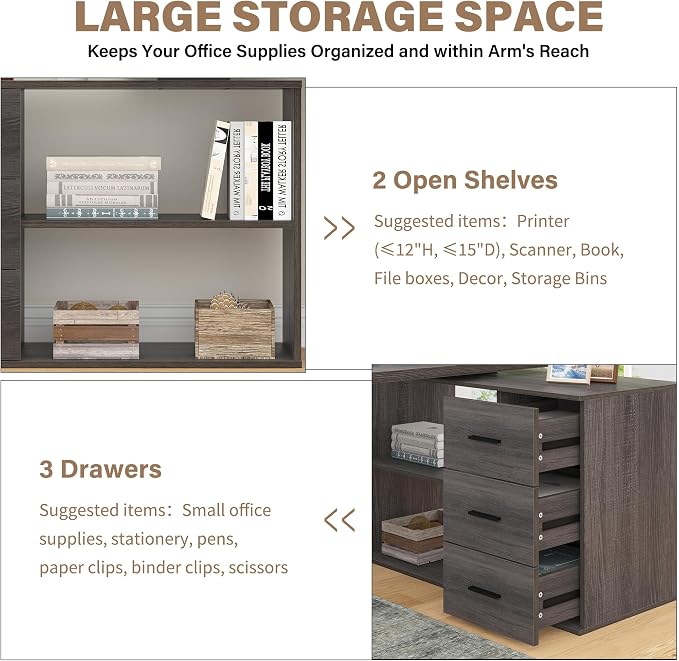 HSH L Shaped Office Desk with Drawers Shelves 55-76 Inch, Corner Computer Desk with Storage 360 Rotating Long for Work, Executive, Study, Writing, Teacher, Bedroom Modern Gaming Table, Dark Grey