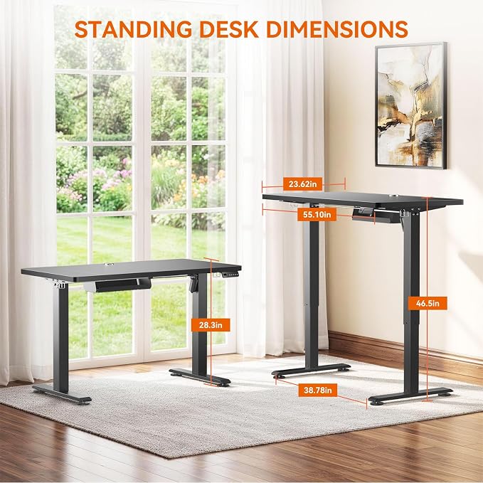 Standing Desk, 55 x 24 Inches Electric Height Adjustable Desk, Sit Stand up Desk, Memory Computer Home Office Gaming Desk with 3 Preset Heights, Table Cable Management Box, Black