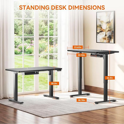 Standing Desk, 55 x 24 Inches Electric Height Adjustable Desk, Sit Stand up Desk, Memory Computer Home Office Gaming Desk with 3 Preset Heights, Table Cable Management Box, Black