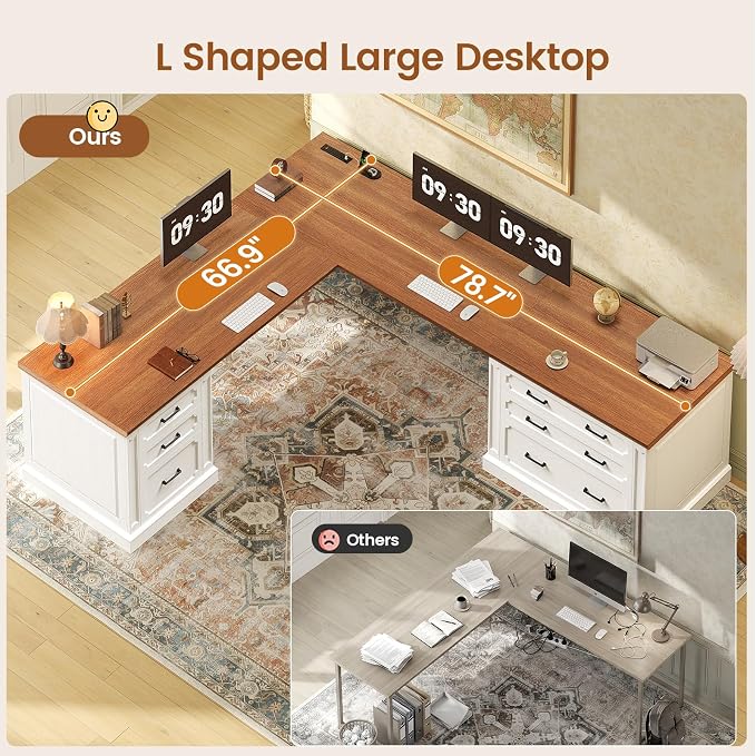 SEDETA Farmhouse 78.8" L Shaped Desk with 6 Drawers, Home Office Desk with Power Outlet, File Cabinet Storage, Wood Corner Computer Desk for Work and Study, White+Brown