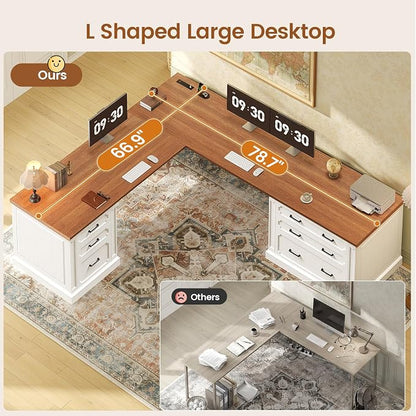 SEDETA Farmhouse 78.8" L Shaped Desk with 6 Drawers, Home Office Desk with Power Outlet, File Cabinet Storage, Wood Corner Computer Desk for Work and Study, White+Brown