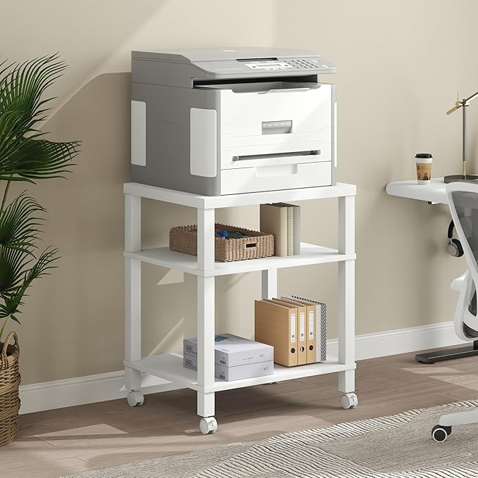3-Tier Printer Stand with Wheels, Large Under Desk Rolling Cart for Office Storage, Heavy Duty Machine Stand with Adjustable Shelf, 22.04"x17.71"x26.54", White