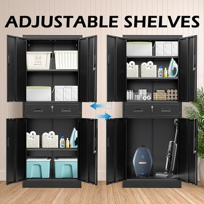 CMY Metal Storage Cabinet, 71" H x 28" W x 16" D Locking Storage Cabinet with Adjustable Shelves and One Drawer, Steel Cabinets for Office, Garage, Home, School, Utility Room(Black)