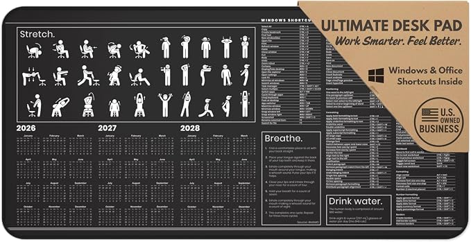 Productivity Desk Mat for Windows – Keyboard Shortcuts, Wellness Guide & 3-Year Calendar | XL Office Mouse Pad for Excel, Word & System Commands | Ergonomic Workspace Mat