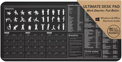 Productivity Desk Mat for Windows – Keyboard Shortcuts, Wellness Guide & 3-Year Calendar | XL Office Mouse Pad for Excel, Word & System Commands | Ergonomic Workspace Mat